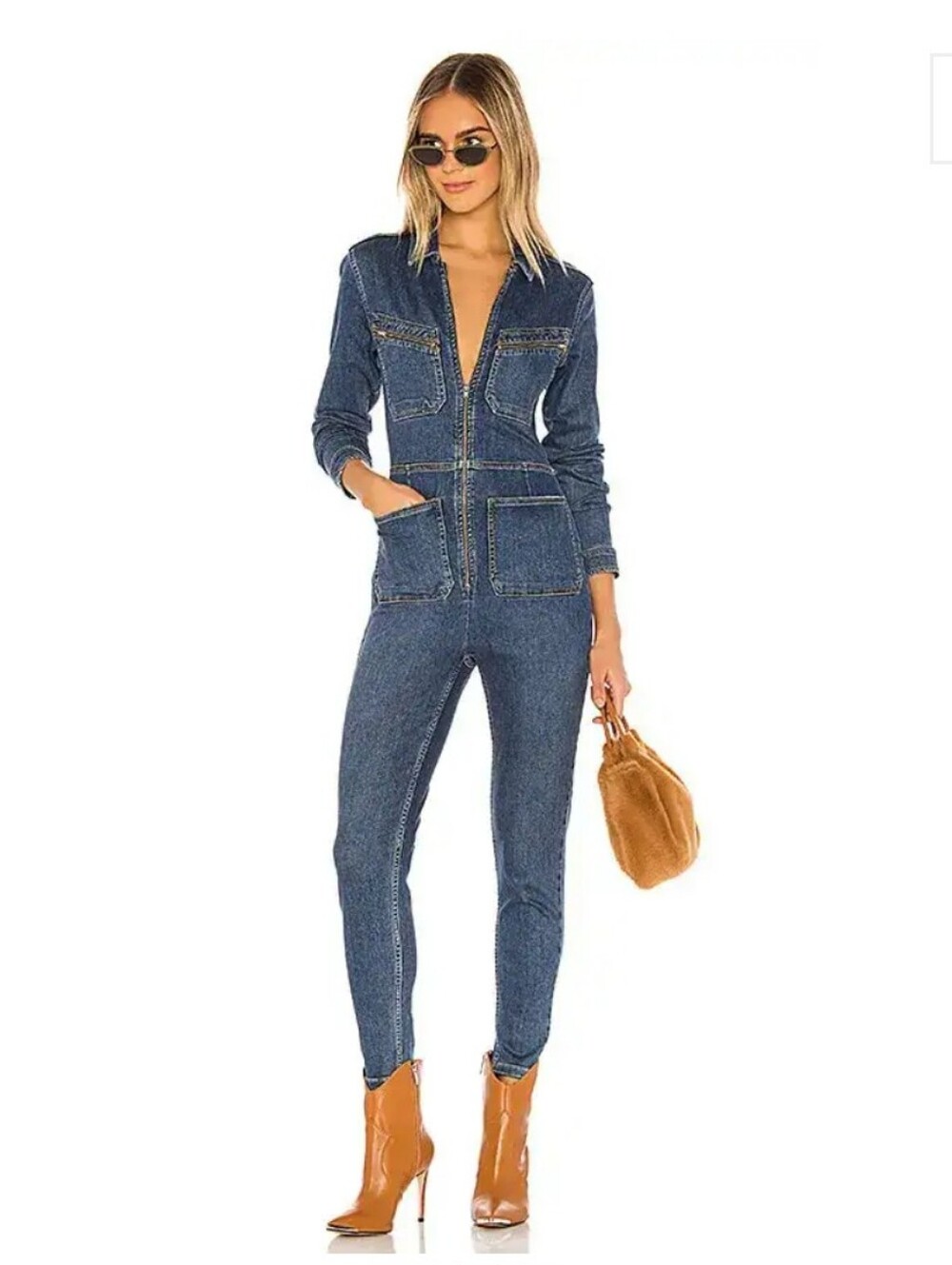 Free People Lennox Denim Jumpsuit, Zipper Stretch Washed Denim Women's S